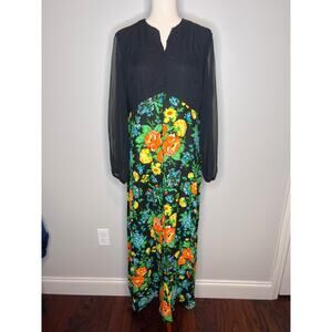 1970s JCPenney Fashions Sheer Black Rainbow Floral Dark Romantic Maxi Dress L